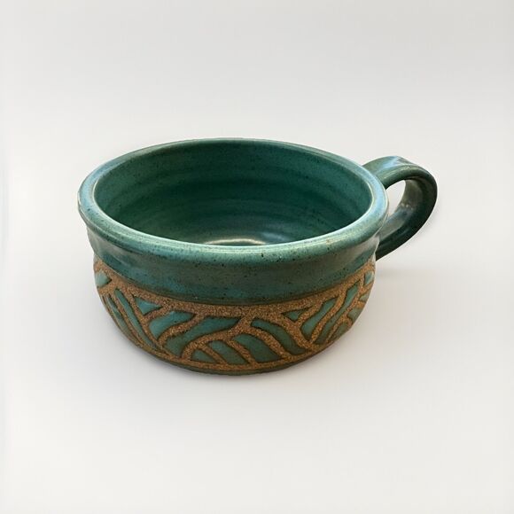 Peggy VRANA Studio Pottery Teal Wax Resist 1980s Large Soup Mug RARE Stoneware - Picture 3 of 6